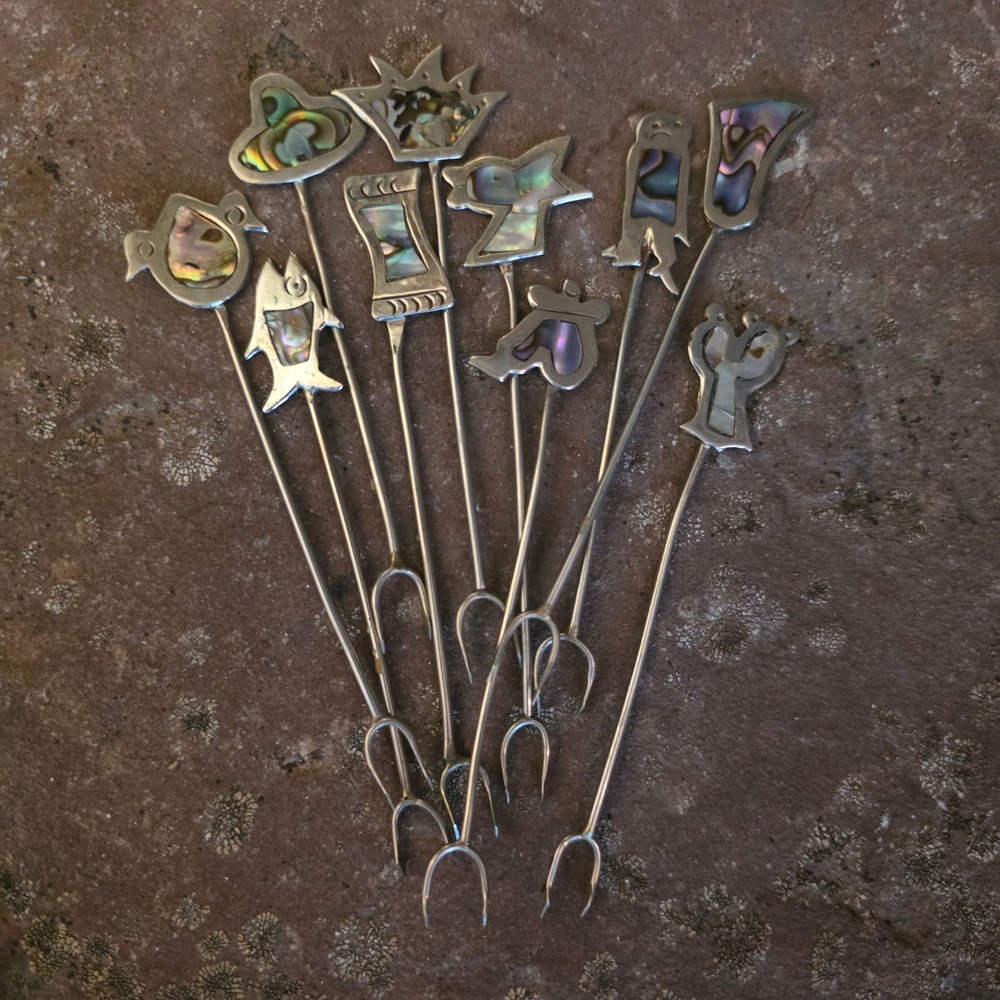 Vintage Alpaca Silver Abalone Inlay Cocktail Forks Set Mexican Cactus Bird Fish